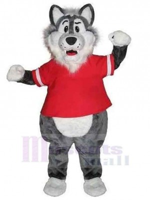 Loup gris Costume de mascotte Animal en T-shirt de sport rouge