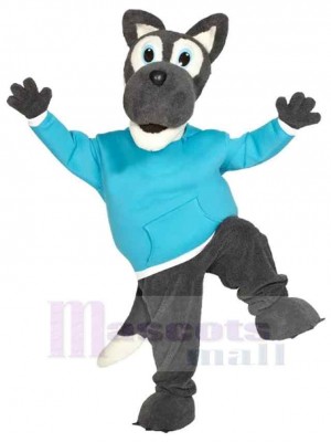 Loup heureux Costume de mascotte Animal en vêtements bleus