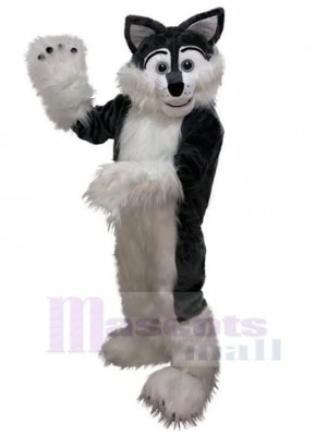 Loup mignon noir et blanc à fourrure longue Costume de mascotte Animal