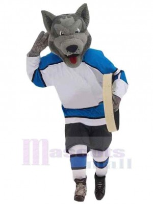 Loup gris universitaire Costume de mascotte Animal en tenue de sport bleu et blanc