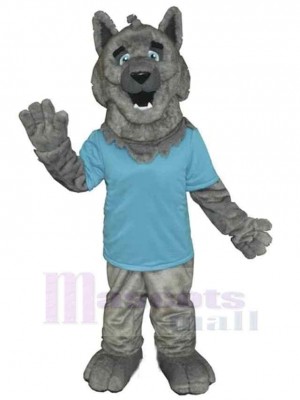 Loup gris agitant Costume de mascotte Animal en T-shirt bleu