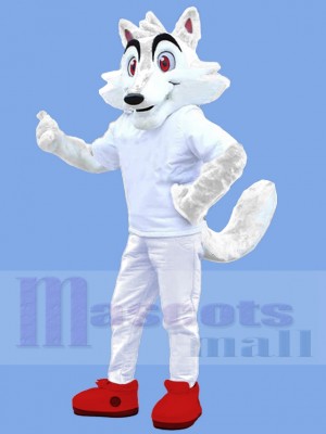 Loup blanc Mascotte Costume Animal aux yeux rouges