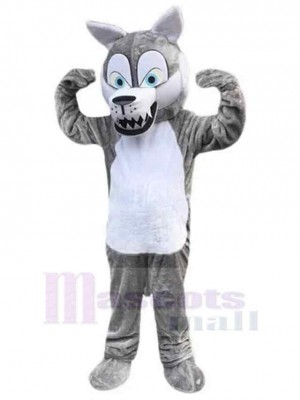 Loup gris comique Costume de mascotte Animal aux yeux bleus