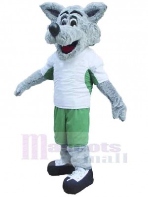 Loup heureux Costume de mascotte Animal en vêtements blancs et verts