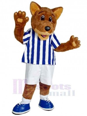 Loup brun universitaire Costume de mascotte Animal en vêtements bleus et blancs