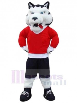 Loup de sport blanc Costume de mascotte Animal en vêtements rouges