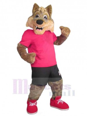 Loup brun aux dents pointues Costume de mascotte Animal en T-shirt rose