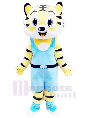 Tigre heureux Costume de mascotte Animal avec des vêtements bleus