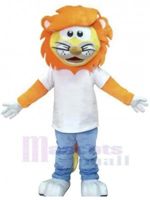 Lion orange Mascotte Costume Animal en tee-shirt blanc