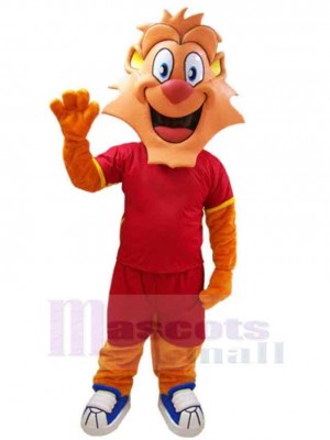 Lion heureux Mascotte Costume Animal en tenue de sport rouge