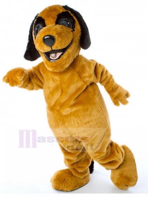 Costume de mascotte de chien jaune souriant heureux avec des oreilles noires