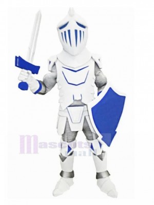 Costume de mascotte chevalier blanc avec bouclier bleu personnes