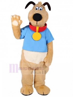 Costume de mascotte Thomson le chien marron clair avec t-shirt bleu animal