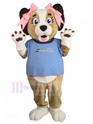 Costume de mascotte de chien chiot beagle marron et blanc en t-shirt bleu animal