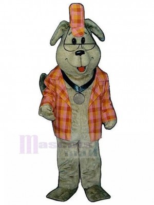 Costume de mascotte de chien inspecteur en costume d'animal écossais orange