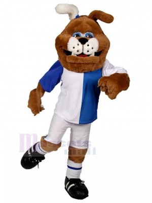 Costume de mascotte de bouledogue britannique brun amical avec maillot