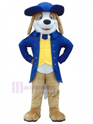 Costume de mascotte de chien Captain Beagle souriant en manteau bleu