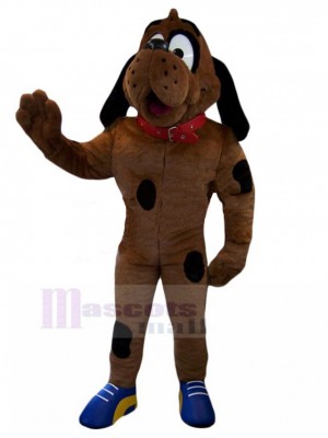 Costume de mascotte de chien dingo limier marron foncé avec collier rouge