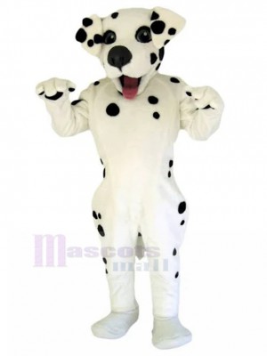 Costume de mascotte de chien blanc tacheté de noir heureux