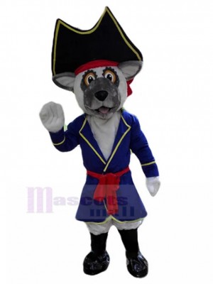 Ravissant costume de mascotte de bouledogue français gris en costume de pirate animal