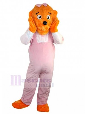 Costume de mascotte de personnage féminin de chien orange avec un animal de salopette rose