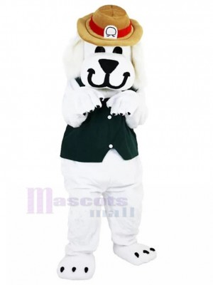 Chien blanc souriant en costume de mascotte gilet noir avec animal chapeau brun