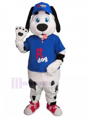 Chien dalmatien tacheté noir Costume de mascotte avec un animal de costume de baseball bleu