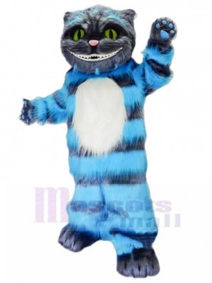 Souriant chat de Cheshire Costume de mascotte avec fourrure bleue Dessin animé