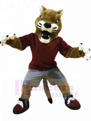 Université Costume de mascotte de chat sauvage en T-shirt rouge foncé Animal