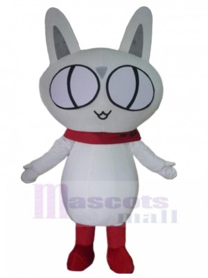 Gros yeux Chat blanc Costume de mascotte avec foulard rouge Animal