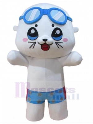 blanche Nageur Chat Costume de mascotte en maillot de bain bleu Animal