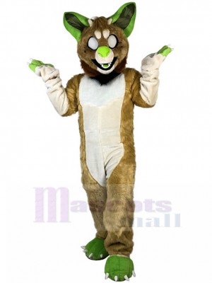 Yeux blancs Chien Loup Brun Costume de mascotte aux oreilles vertes Fursuit