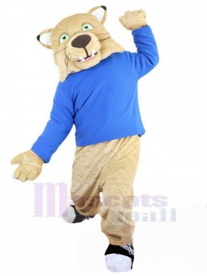 Affable Chat sauvage beige Costume de mascotte en chemise bleue Animal