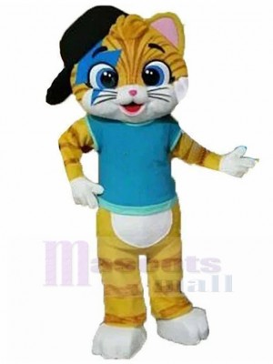 Jaune Chat tigré Costume de mascotte en casquette de baseball noire Animal
