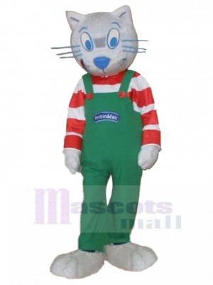 ricanant Chat gris Costume de mascotte en salopette verte Animal