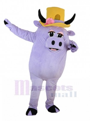 Cochon violet Costume de mascotte avec chapeau en corne jaune Dessin animé