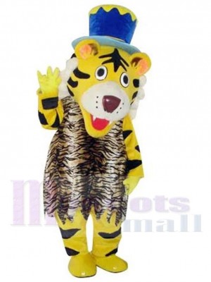 Tigre heureux Costume de mascotte Animal avec chapeau bleu