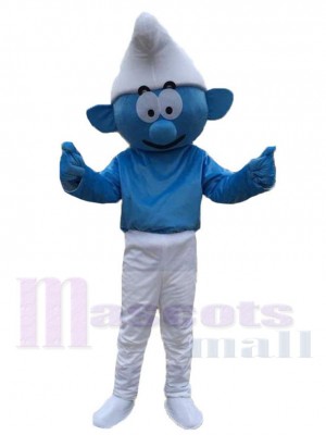 Elfe bleu Costume de mascotte Dessin animé avec chapeau blanc