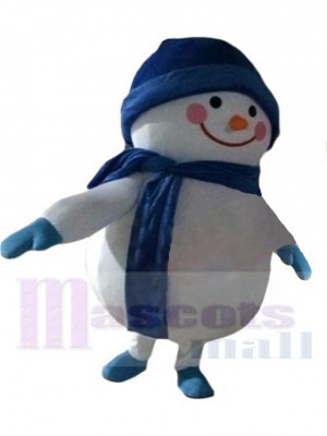 Bonhomme de neige Costume de mascotte Dessin animé avec chapeau bleu et écharpe