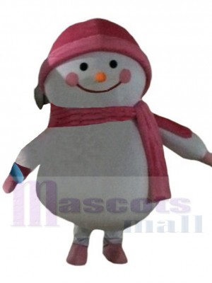 Bonhomme de neige Costume de mascotte Dessin animé avec chapeau rose et écharpe