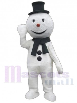 Bonhomme de neige Costume de mascotte Dessin animé avec chapeau noir et écharpe
