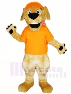 Retriever Chien avec Orange Chapeau et Chemise Mascotte Les costumes Animal