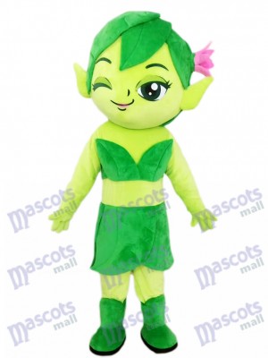 Assistant femelle Elfe vert avec dessin de costume de mascotte fleur 