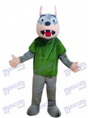 Loup gris en costume de mascotte chemise verte Animal