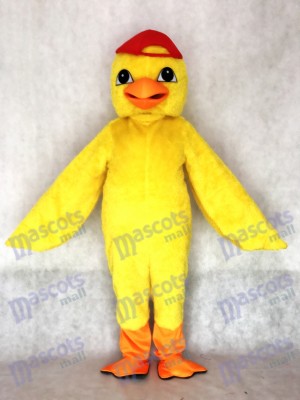Costume de mascotte de poussin jaune mignon adulte avec animal chapeau rouge