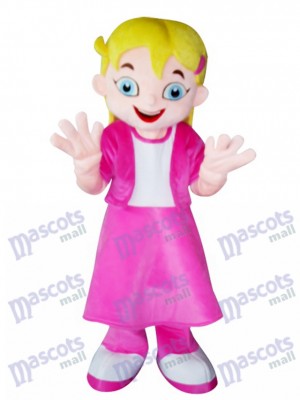 Fille de cheveux jaunes en robe rose Costume de mascotte