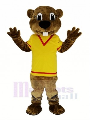 marron Castor dans Jaune Chemise Mascotte Costume Animal Adulte