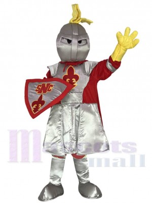 Costume de mascotte St Norbert de chevalier adulte en argent avec cape rouge