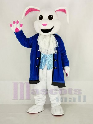 Pâques blanc lapin avec Bleu Manteau de Alice dans pays des merveilles Mascotte Costume Dessin animé