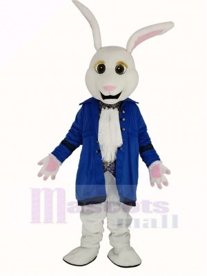 Pâques blanc lapin dans Bleu Manteau Mascotte Costume